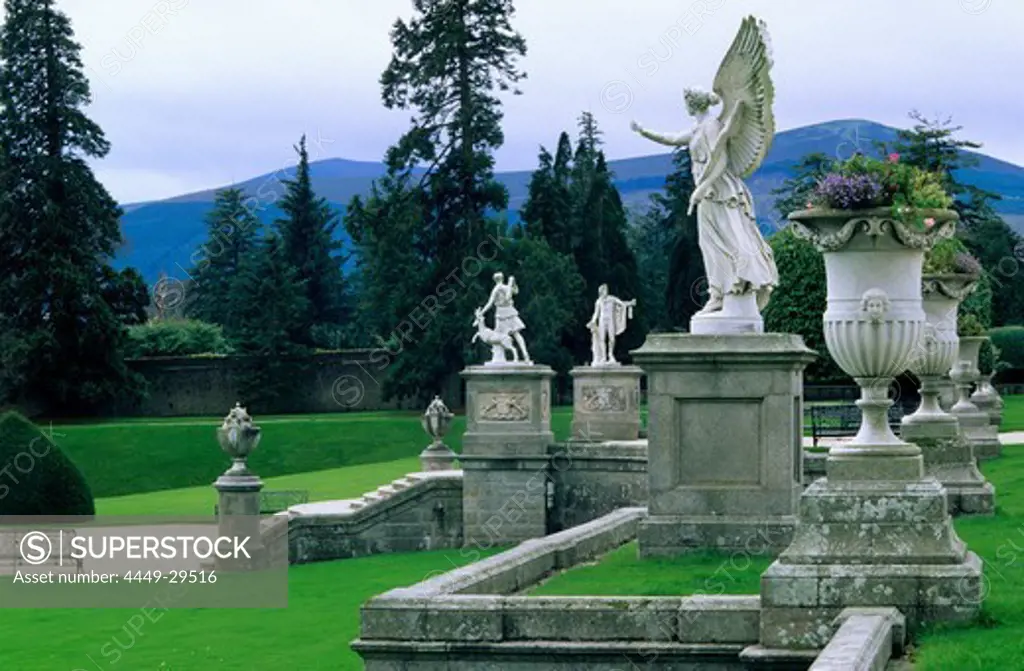 Cultivated formal garden with statues, Powerscourt Garden, Enniskerry, Wicklow Mountains, Ireland, Europe