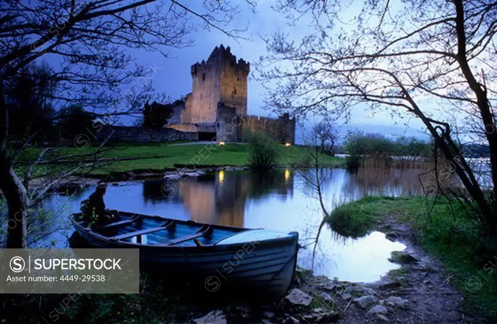 Ross Castle at Lough Leane in the evening, Killarney National Park, County Kerry, Ireland, Europe
