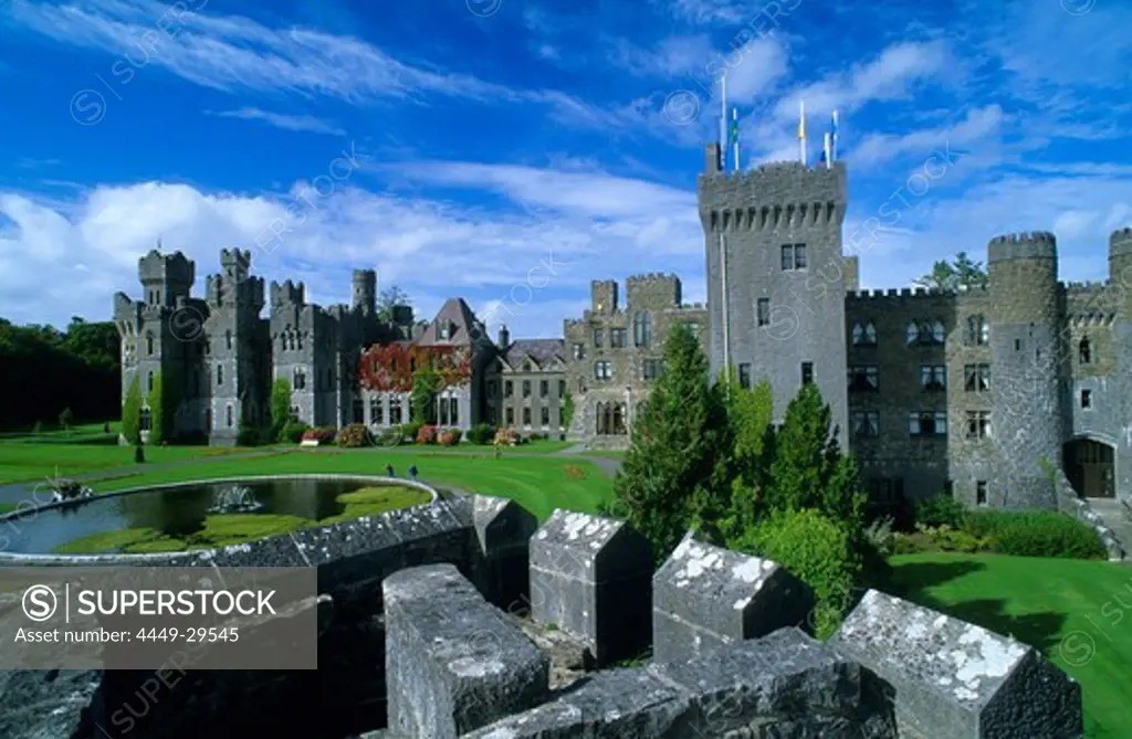 View at the old walls and battlements of Ashford Castle, County Mayo, Ireland, Europe