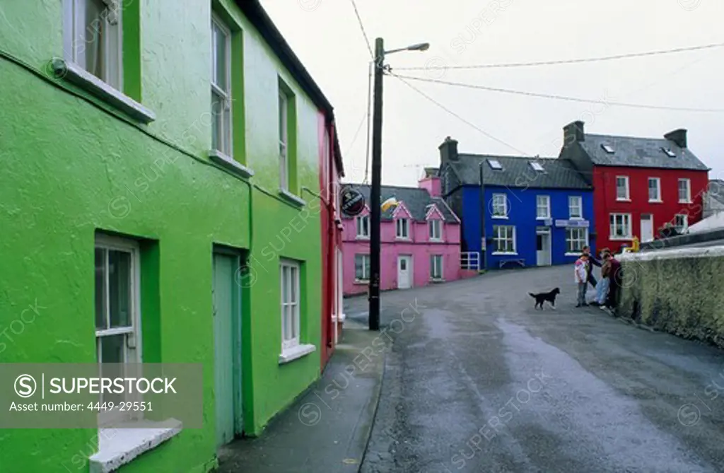 Colourful houses under clouded sky, Eyeries, Beara peninsula, County Cork, Ireland, Europe