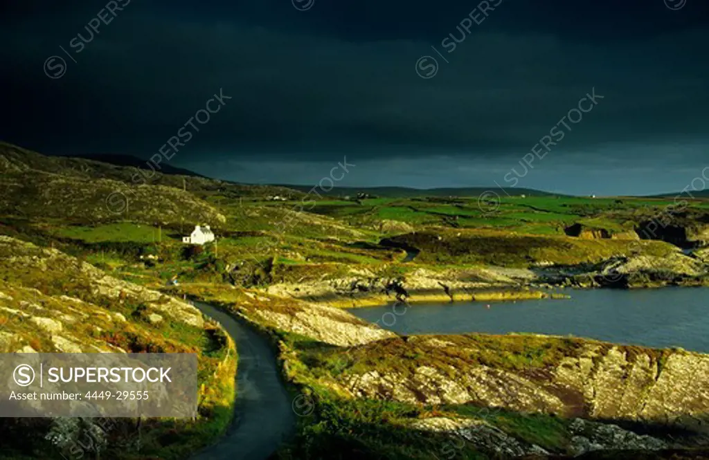 Coast area at the Ring of Beara under thunder clouds, County Cork, Ireland, Europe