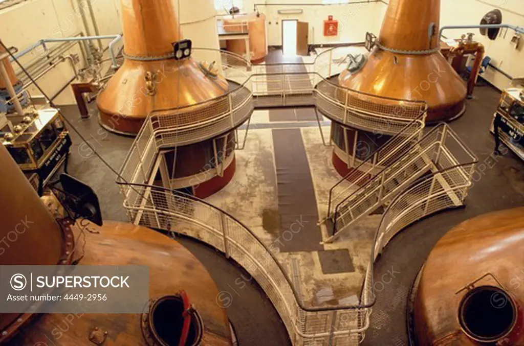 Copper still pots at Ben Nevis distillery, Fort William, Invernesshire, Scotland, Great Britain, Europe