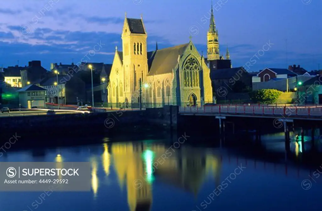 Illuminated church at the river Boyne in the evening, Drogheda, County Louth, Ireland, Europe
