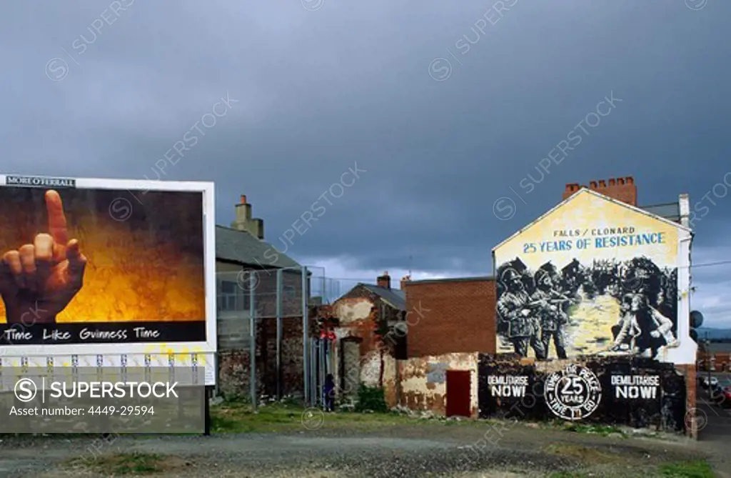 Painted wall of a house under grey clouds, Belfast, Antrim, Ireland, Europe