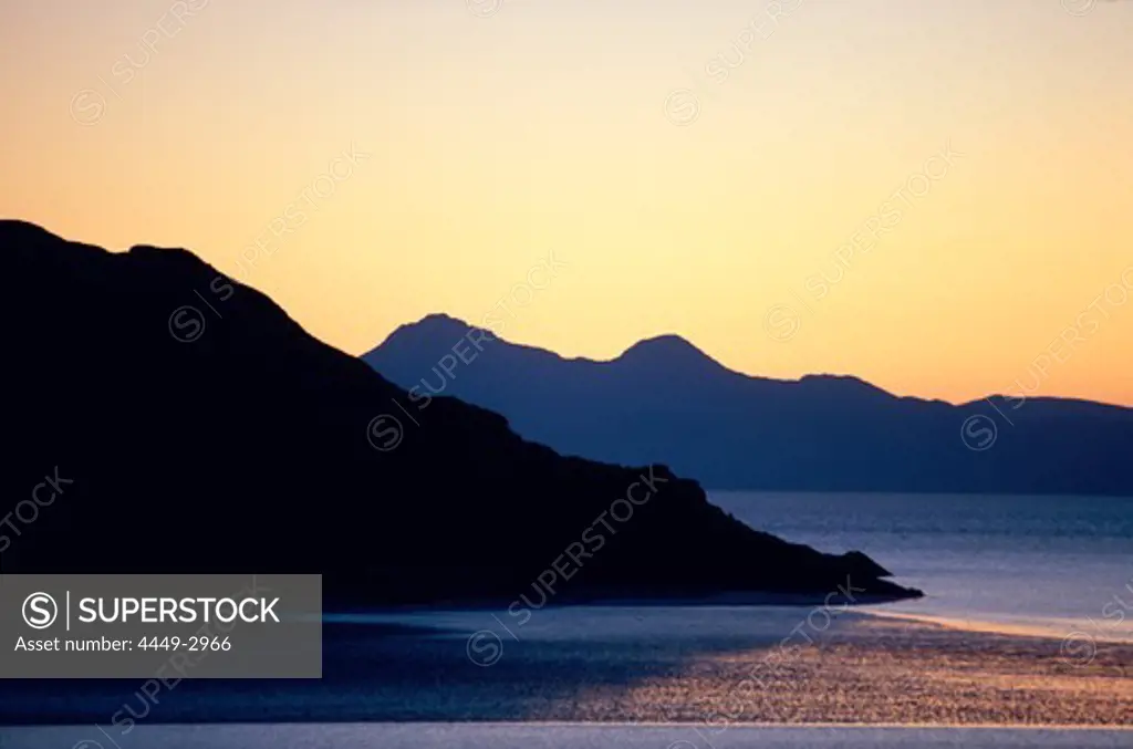 The islands Rhum and Eigg at sunset, Invernesshire, Scotland, Great Britain, Europe