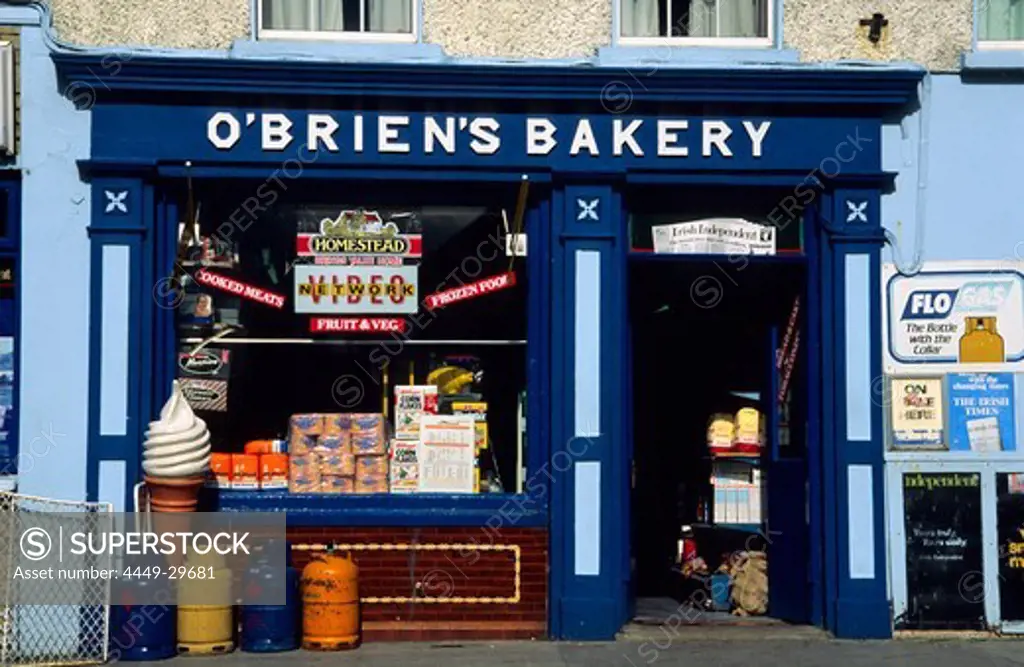 Blue painted facade of O'Briens bakery shop, Ennistymon, County Clare, Ireland, Europe