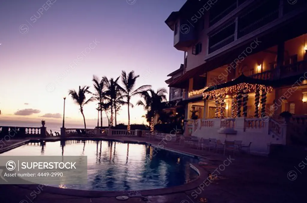 Pool at Hotel Gran Bahla in the evening light in Samana, Samana Peninsula, Dominican Republic, Caribbean