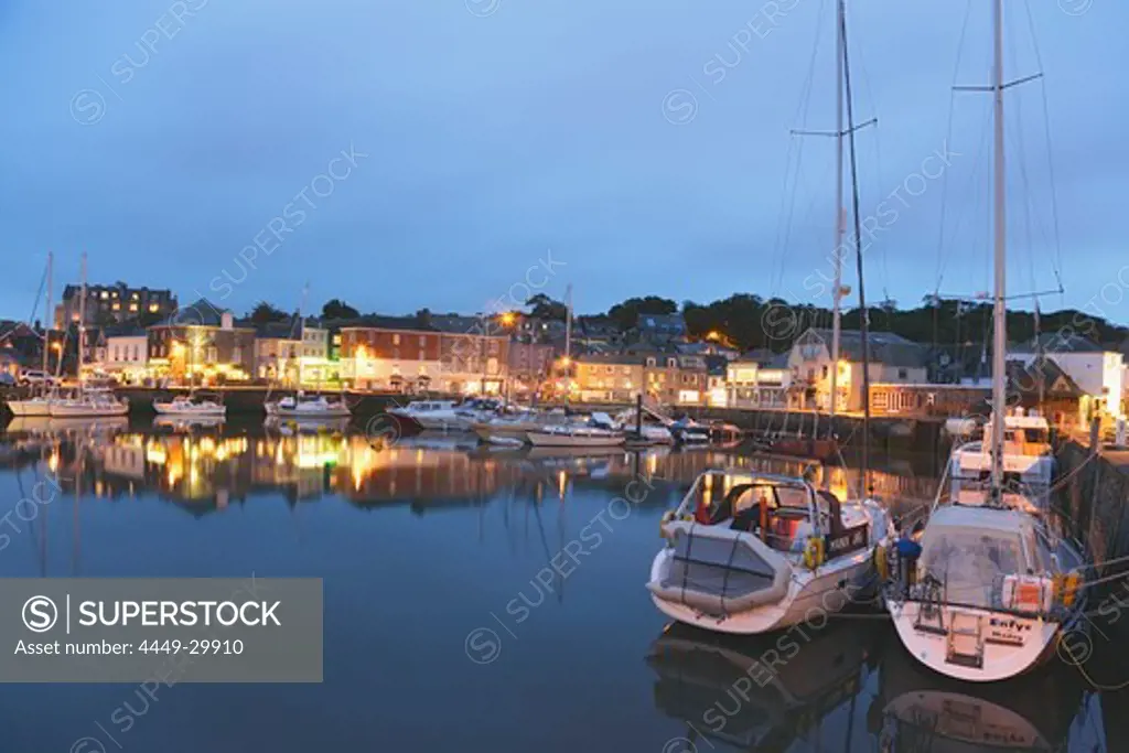 View over harbor and village in the evening, Padstow, Cornwall, England, United Kingdom