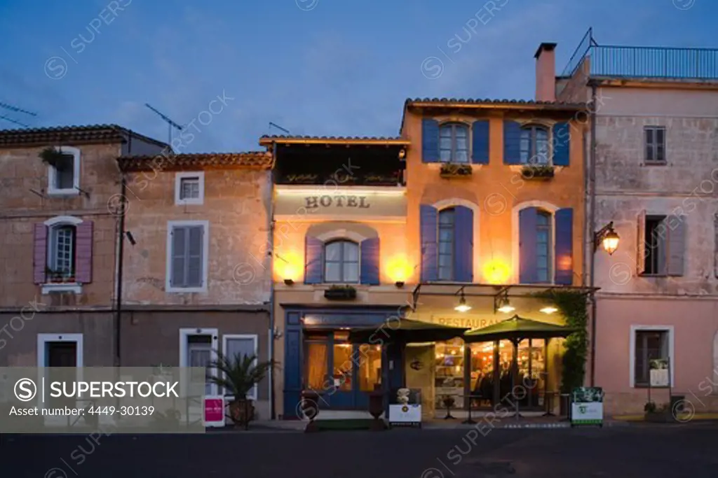 Facade of the Hotel Le Calendal in the evening, Arles, Bouches-du-Rhone, Provence, France