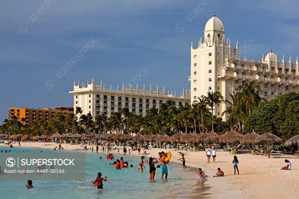 Aruba, Palm Beach, West Indies, Dutch Carribean, Central America, local people at the beach on sunday, Riu Hotel Casino