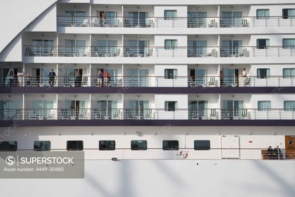 Passengers on Balconies of Cruiseship Seven Seas Voyager, Port of Civitavecchia, near Rome, Lazio, Italy