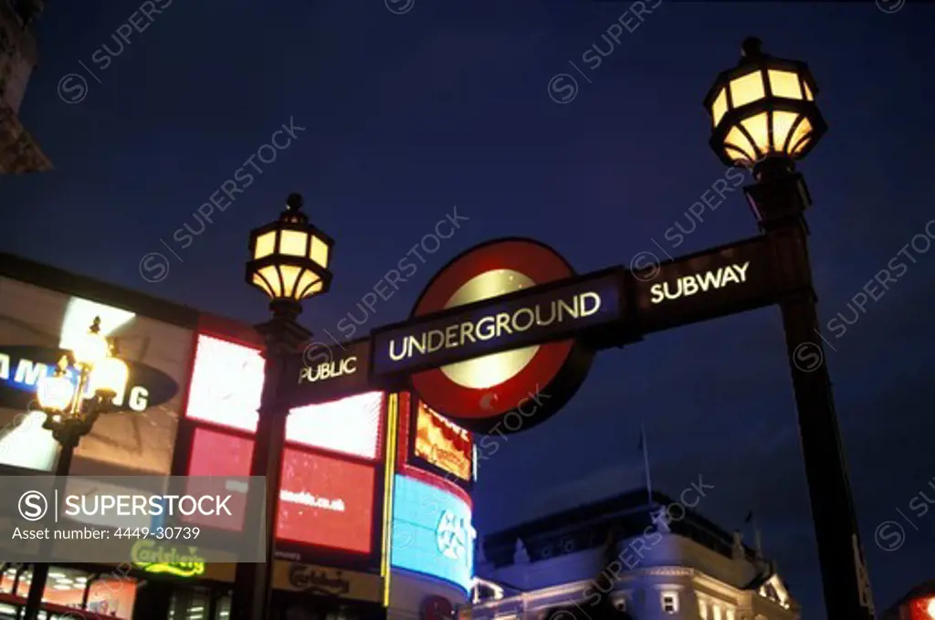Underground station, Piccadilly Circus at night, London, London, England, United Kingdom