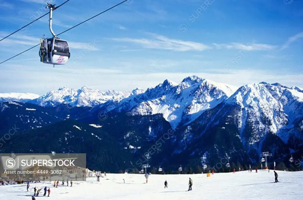 Cable car and people in front of a ski hut, Olang, Kronplatz, Plan de Corones, Dolomites, South Tyrol, Italy, Europe