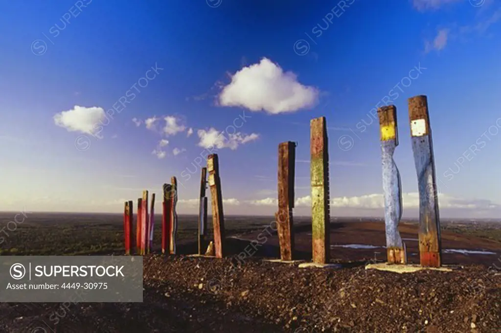 Totems from Agustin Ibarrola, Symbol for industry and nature, Halde Haniel, Bottrop, Ruhr Valley, Ruhr, Northrhine Westphalia, Germany