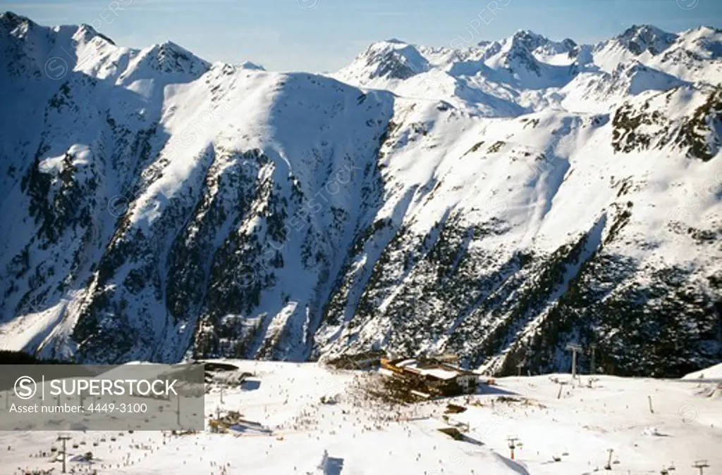 High angle view of skiing region, Ischgl, Samnaun, Tyrol, Austria, Europe