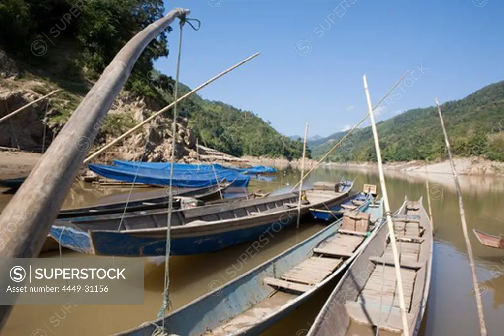 Fishing boats in Tha Souang at the bank of the Mekong River, Xaignabouri Province, Laos