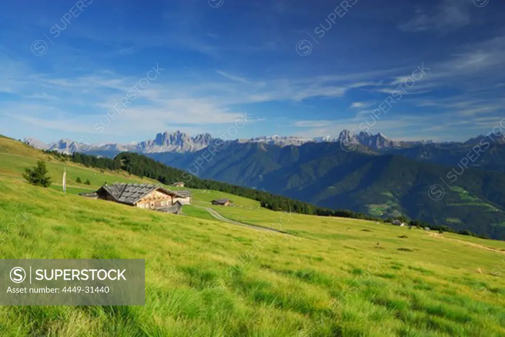 alpine huts on alpine pasture Hodrawiesen, Dolomites with Geislergruppe and Sella range in background, Sarntaler Alpen, Sarntal range, South Tyrol, Italy