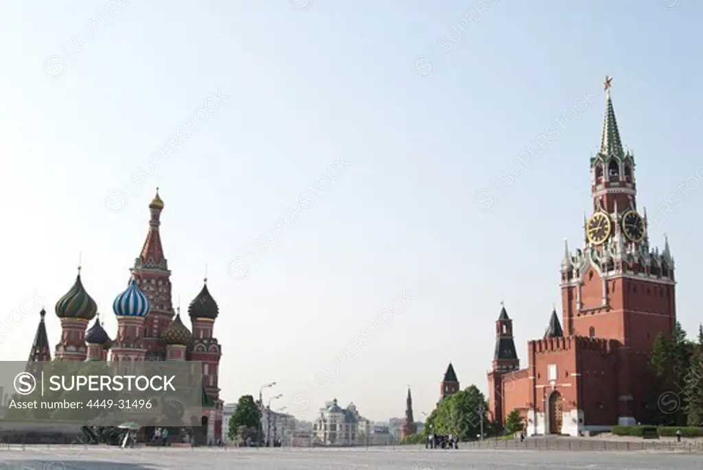 Cathedral of Saint Basil the Blessed, St. Basils Cathedral, and Spasskaya Tower, Saviour Tower, Red Square, Moscow, Russia