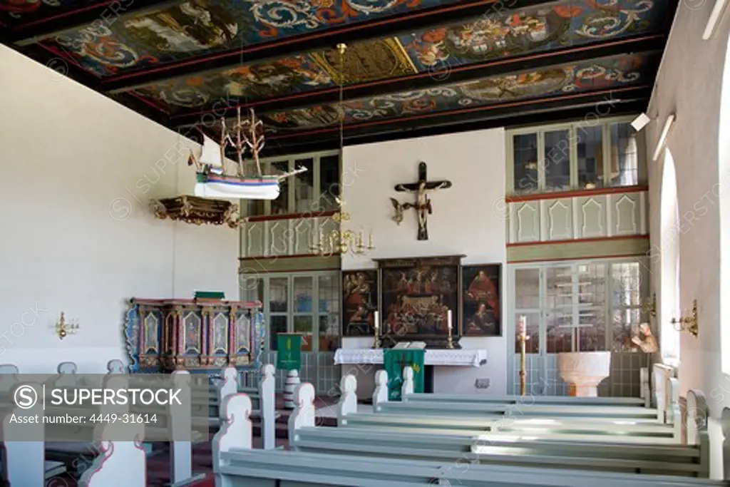 Interior View, Holm church, Hallig Langeness, North Frisian Islands, Schleswig-Holstein, Germany