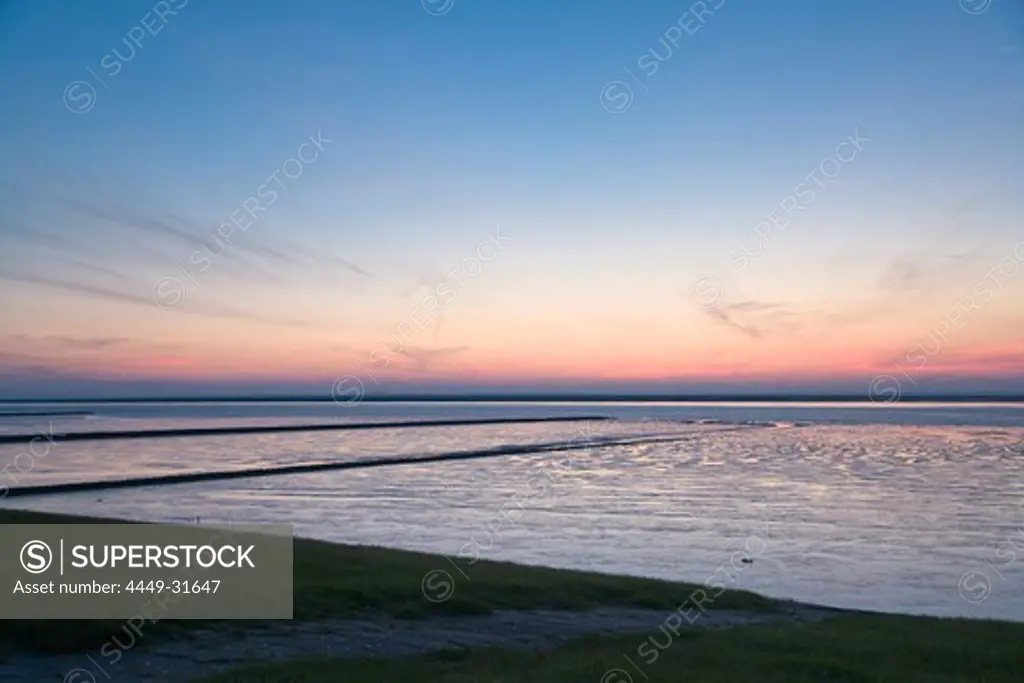 Sundown, Wadden Sea, Nordstrand Island, North Frisian Islands, Schleswig-Holstein, Germany