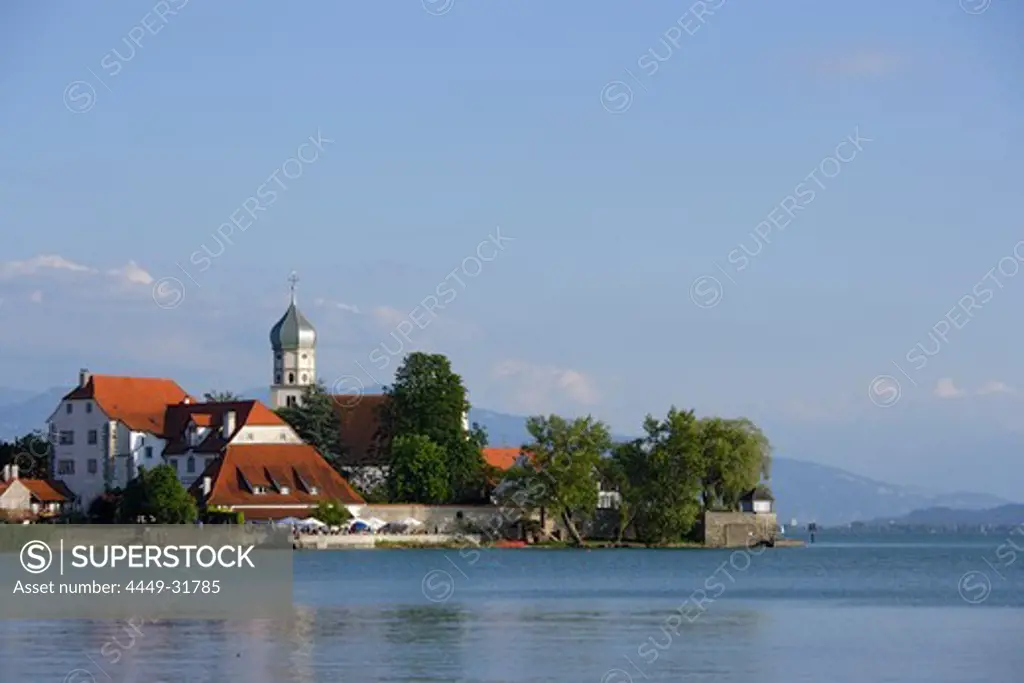 View over lake Constance to Wasserburg with St George's Church, Bavaria, Germany