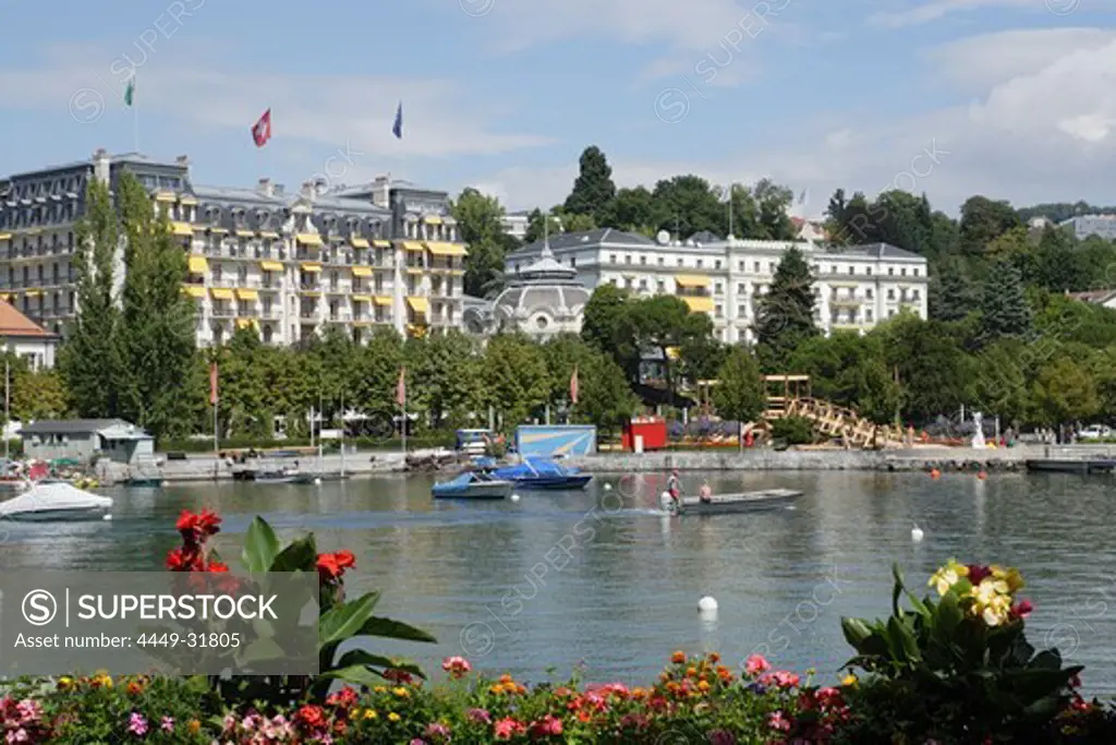 View over lake Geneva to Beau-Rivage Palace Hotel, Lausanne, Canton of Vaud, Switzerland