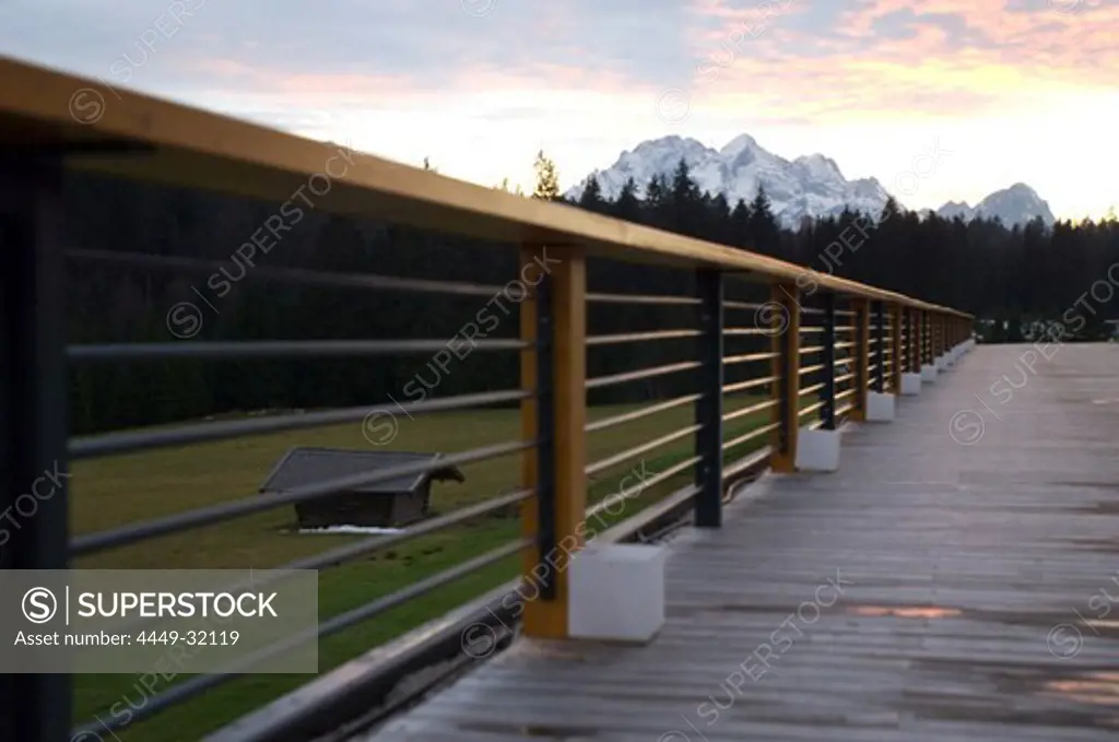 View from the terrace of a hotel at mountains and evening sky, Kranzbach, Werdenfelser Land, Bavaria, Germany
