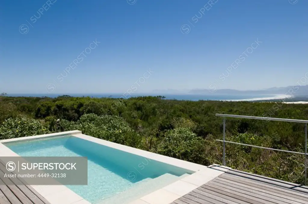 Pool in the sunlight with view at Walker Bay, Forest Lodge, Gansbaai, South Africa, Africa