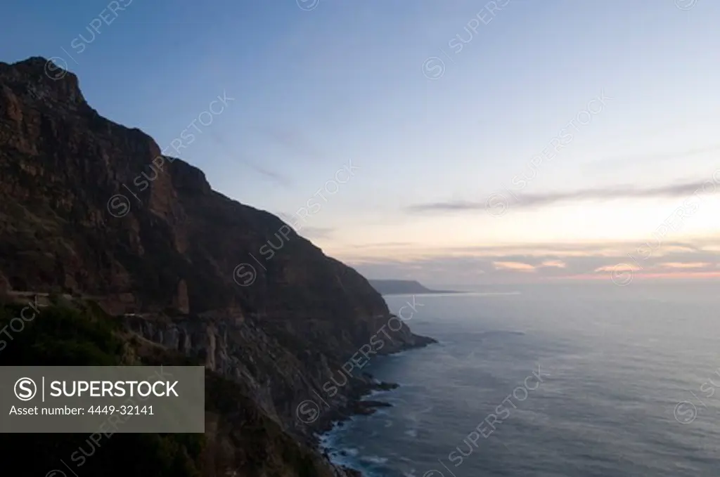 Ocean and rocky coast at dusk, Chapman's Peak Drive, Cape Town, South Africa, Africa
