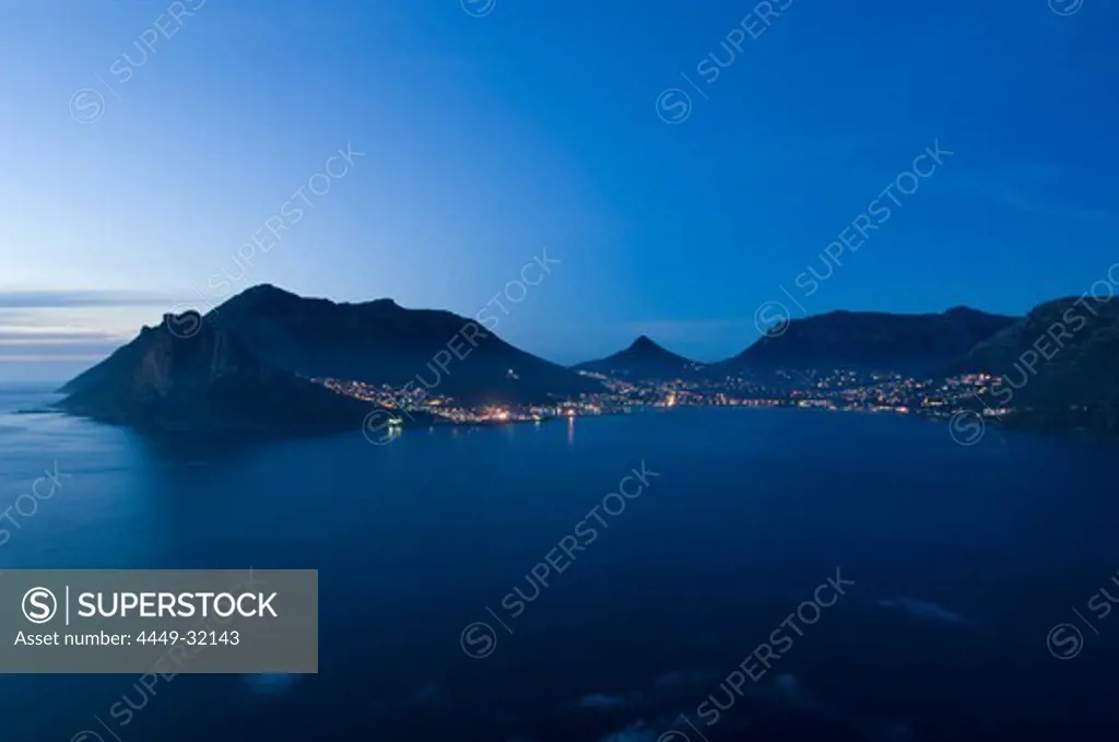 Hout Bay at dusk, view at Table Mountain and Lion's Head, Cape Town, South Africa, Africa