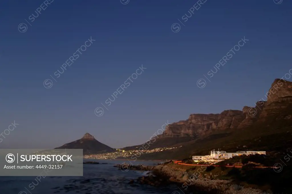 View at hte illuminated The Twelve Apostles Hotel at night, Lion's Head, Camps Bay, Cape Town, South Africa, Africa