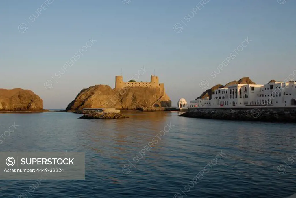 The Al Marani Fort off the coast of Muscat in the sunlight, Muscat, Oman, Asia