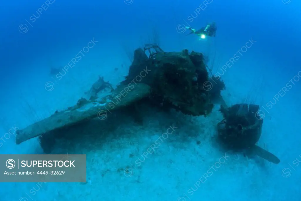Diver and Bomber on Port Side of USS Saratoga, Marshall Islands, Bikini Atoll, Micronesia, Pacific Ocean