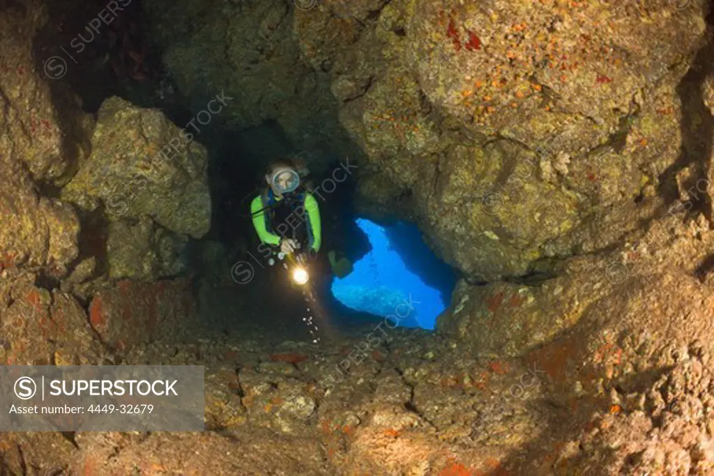 Diver at Caves of Lava Tubes, Cathedrals of Lanai, Maui, Hawaii, USA