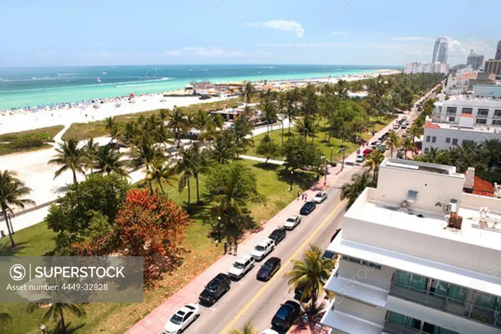 View at the Lummus Park and the beach, Ocean Drive, South Beach, Miami Beach, Florida, USA