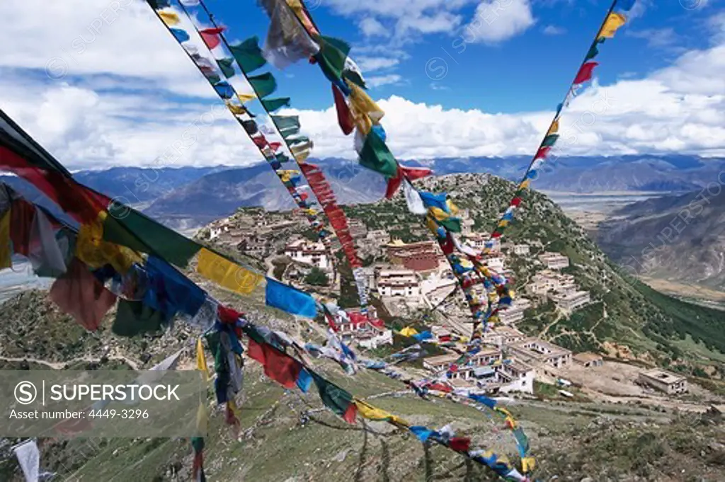 Ganden monastery with prayer flags, Tibet, Himalaya
