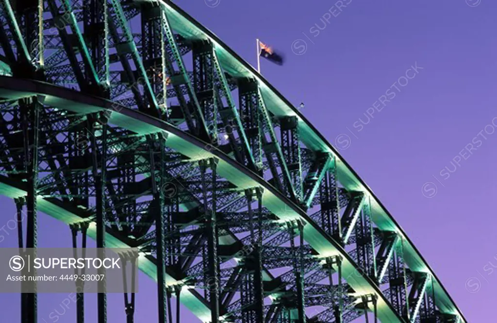 Detail of the illuminated Harbour Bridge in the evening, Sydney, New South Wales, Australia