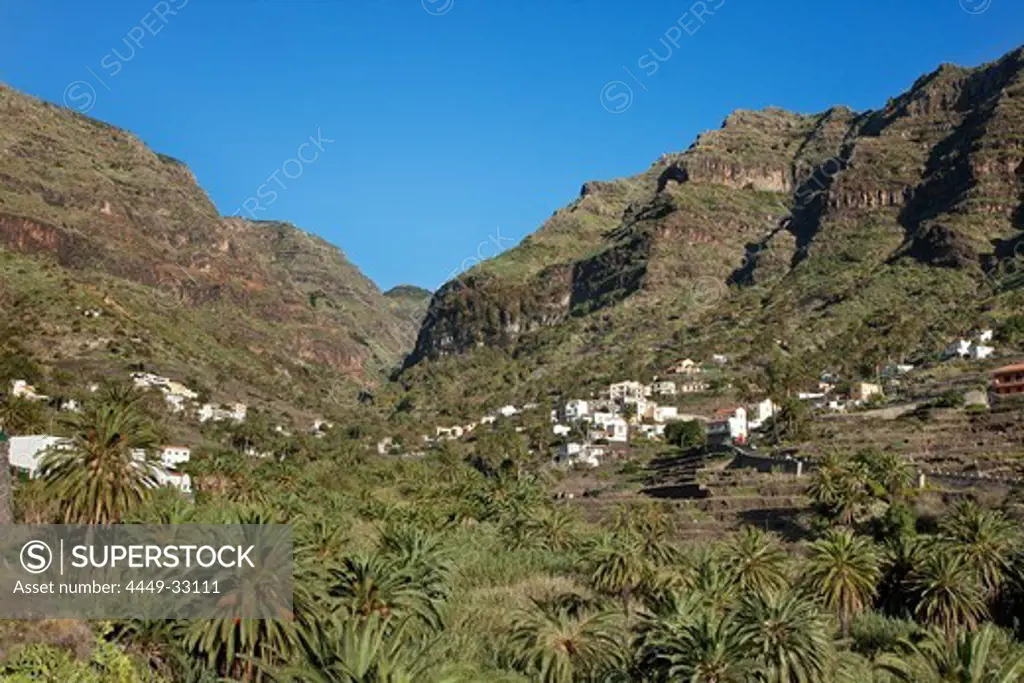 A mountain village at Valle Gran Rey under blue sky, La Gomera, Canary Islands, Spain, Europe