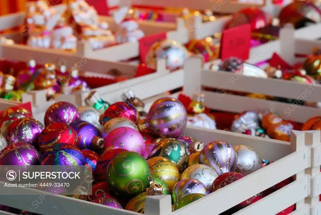 Boxes with Christmas tree balls, Christmas market, Bad Toelz, Bavaria, Germany