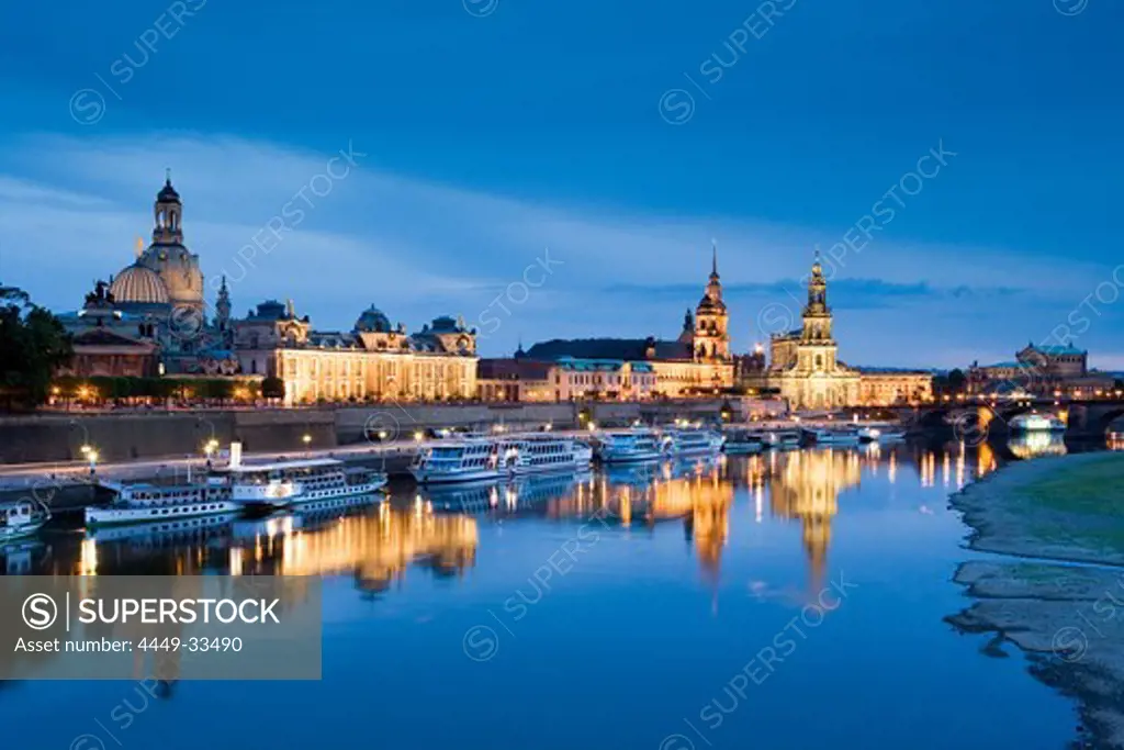 View over river Elbe to Bruhl's Terrace, Dresden University of Visual Arts, Dresden Castle, Standehaus, Katholische Hofkirche and Semperoper, Dresden, Saxony, Germany