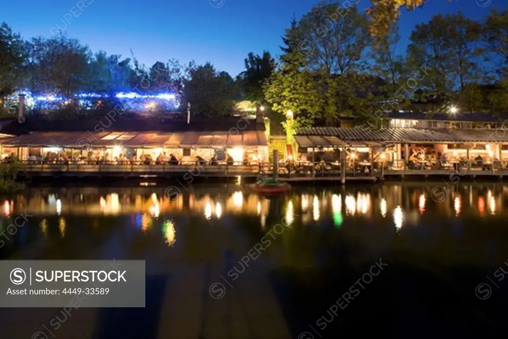 restaurants, cafés, bars at Flutgraben in the evening, canal, Treptow, Berlin, Germany