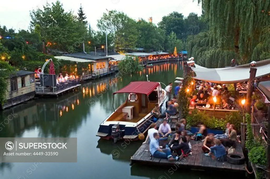 Club der Visionaere, restaurants, cafés, bars at Flutgraben in the evening, canal, Treptow, Berlin, Germany