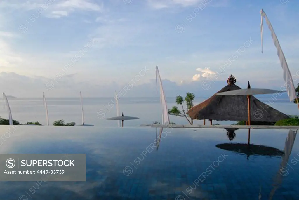 The infinity pool at the Amankila Resort in the morning, Candi Dasa, Eastern Bali, Indonesia, Asia