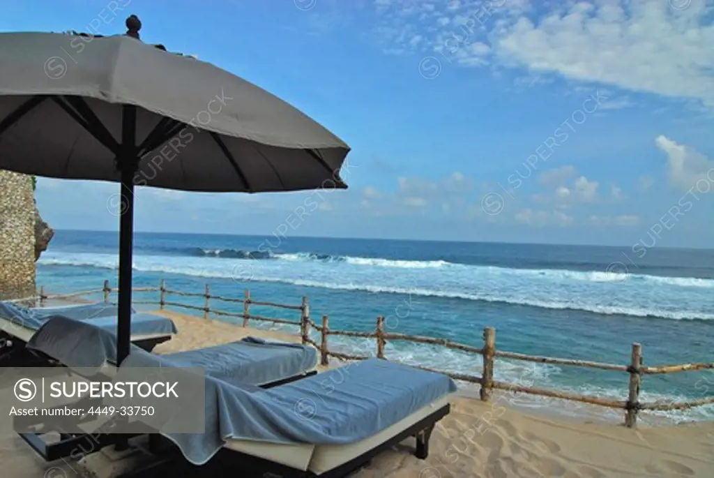 Sunloungers at the beach of the Bulgari Resort, Bukit Badung, Southern Bali, Indonesia, Asia