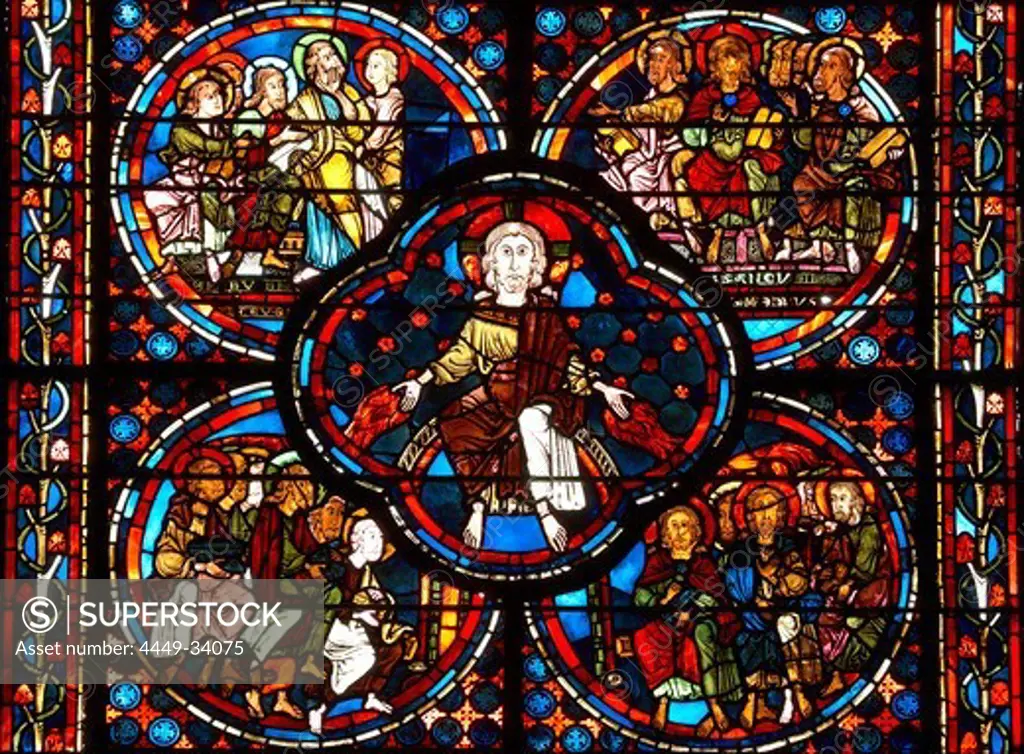 Stained glass window in Saint Stephen's Cathedral in Bourges, Bourges Cathedral, The Way of St. James, Chemins de Saint Jacques, Via Lemovicensis, Bourges, Dept. Cher, région Centre, France, Europe