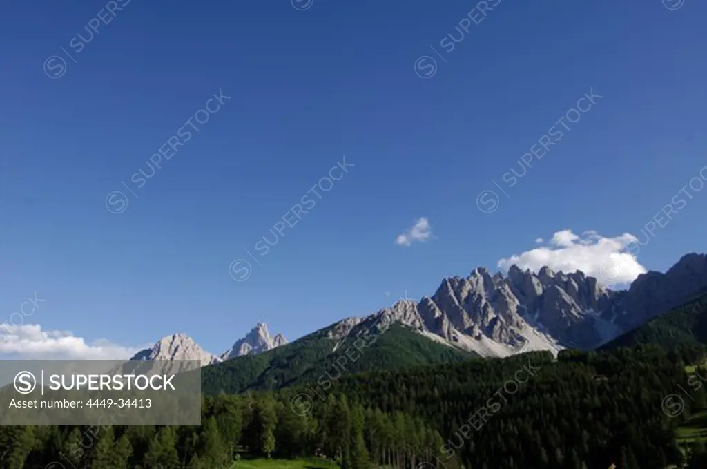 Coniferous forest and mountains under blue sky, Dolomites, South Tyrol, Italy, Europe