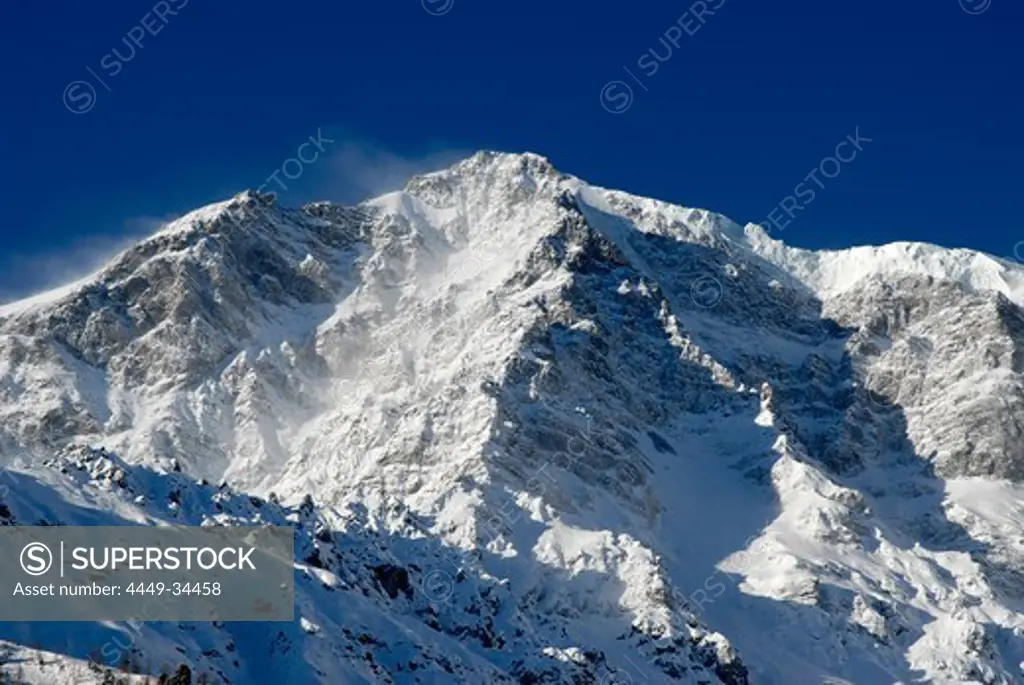 View at snow covered mountains in the sunlight, Ortler Alps, South Tyrol, Italy, Europe