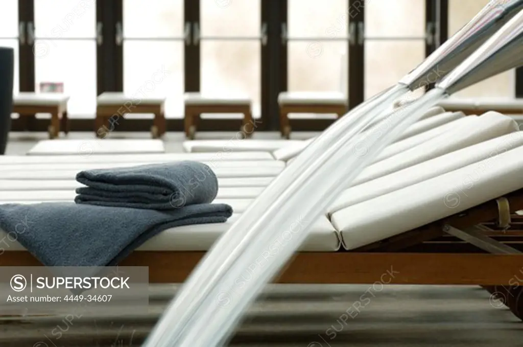 Bathing towel on the edge of a sun lounger, Therme Meran, Thermal spa, Merano, South Tyrol, Italy