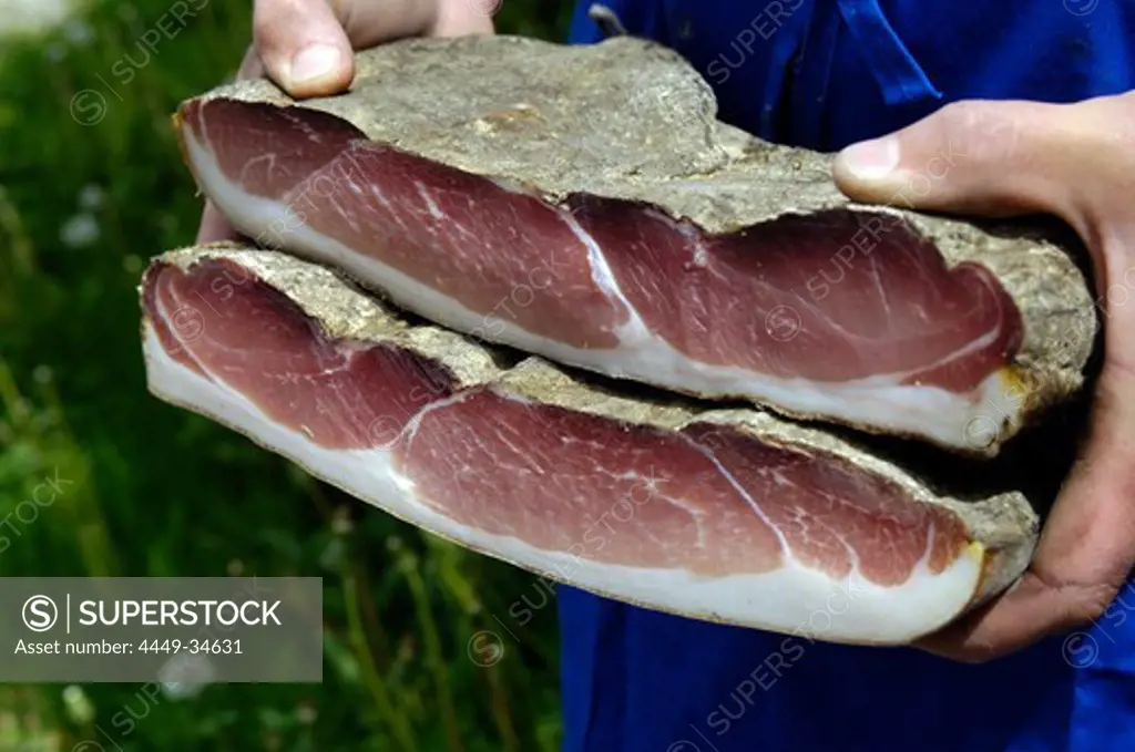 South Tyrolean delicacy, South Tyrolean raw ham, Gostner Schwaige, Alp, South Tyrol, Italy