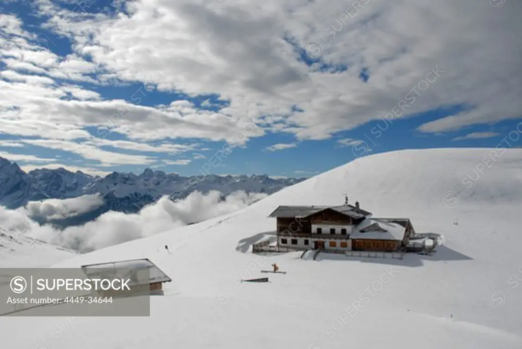Alpine hut on Plattkofel alp, Mountain landscape in Winter, Seiser Alp, Saltria, Durontal, Molignon, South Tyrol, Italy